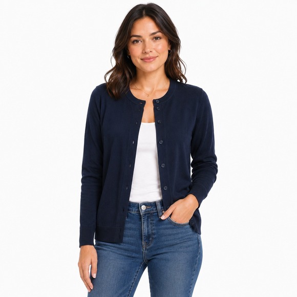 J.Crew Sweaters - J.Crew Classic Cotton Cardigan Sweater Navy Blue Crewneck Button Front Women M